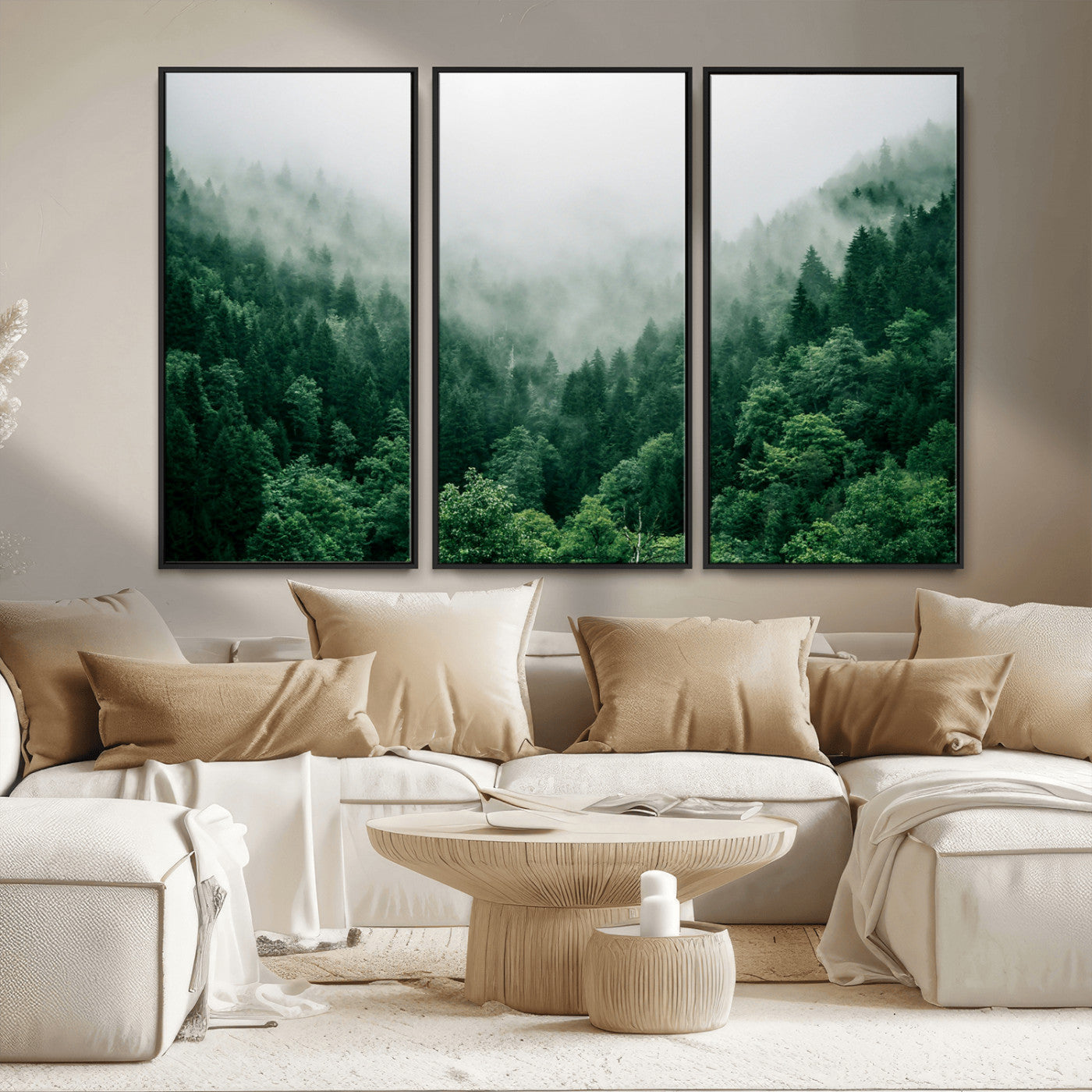 MGV-FC-48X32-3P - Misty Green Forest Canvas Print – Serene Foggy Pine Landscape Wall Art, Tranquil Nature Decor for