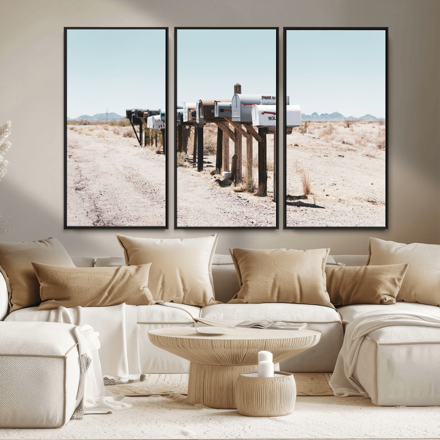 MGV-FC-48X32-3P - Desert Mailboxes Canvas Print – Minimal Western Landscape Photography, Rustic Americana Wall Art for