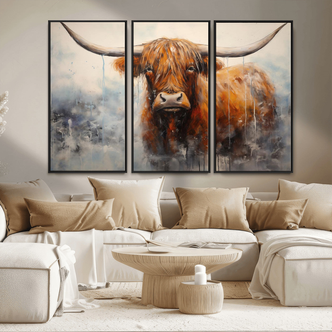 MGV-FC-48X32-3P - Scottish Highland Wall Art Canvas Print, Framed Longhorn Art Picture Print, Western Cow Perfect Farmhouse Decor Artwork