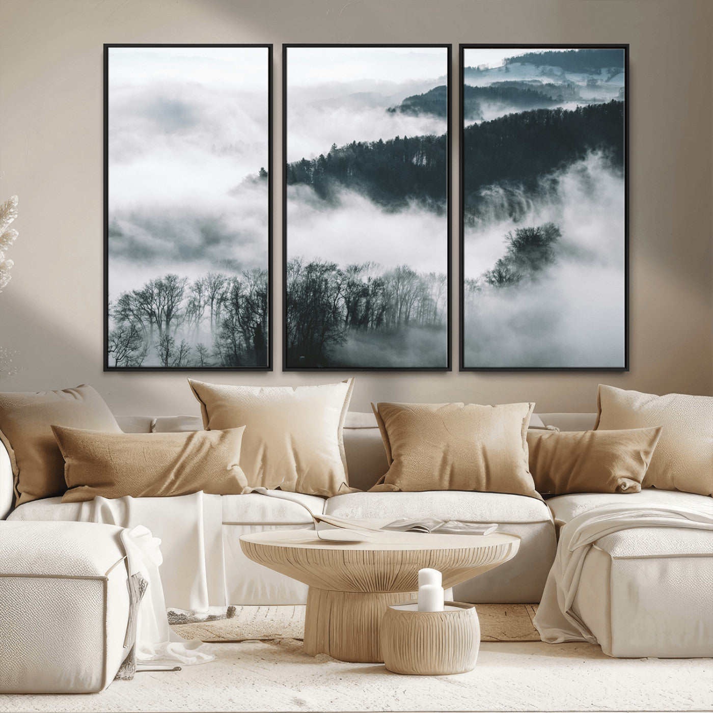 67569654-MGV-CV-36X24-Foggy Forest Landscape Wall Art Canvas Print – Misty Mountain Valley Scene in Monochrome Tones, Perfect for Minimalist or Nordic Home Decor
