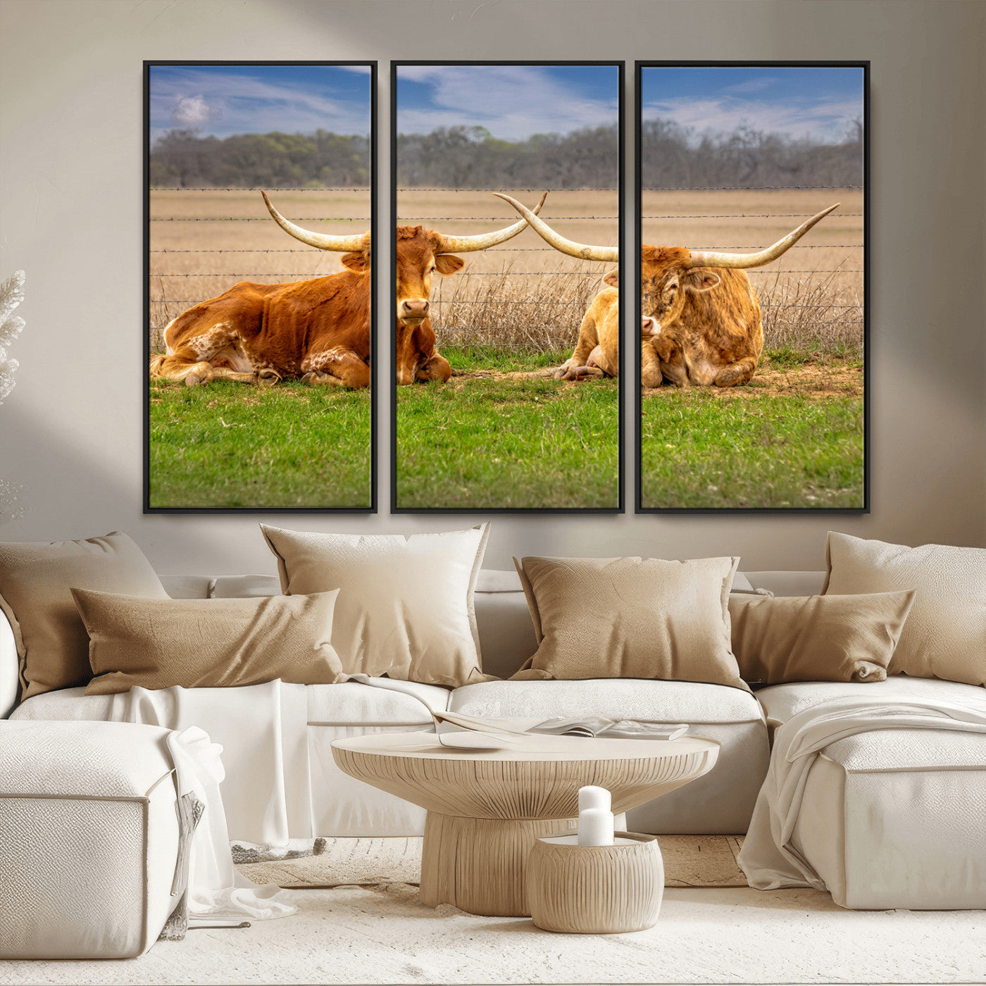 54598515-MGV-CV-36X24-Texas Longhorn Pair Wall Art Canvas Print – Peaceful Rustic Ranch Scene with Two Cattle in Field, Perfect for Western Farmhouse Home Decor