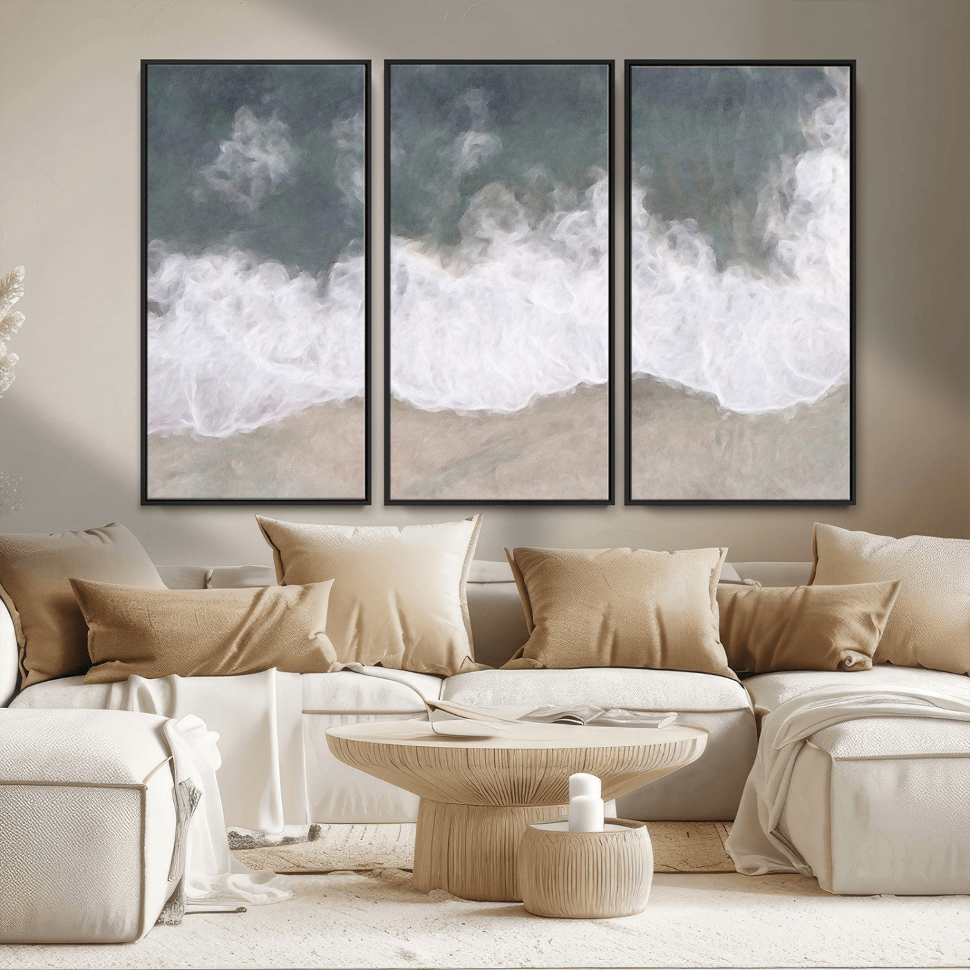 Wall art canvas print featuring foamy ocean waves softly rolling onto a sandy shore with a dreamy, painterly texture.