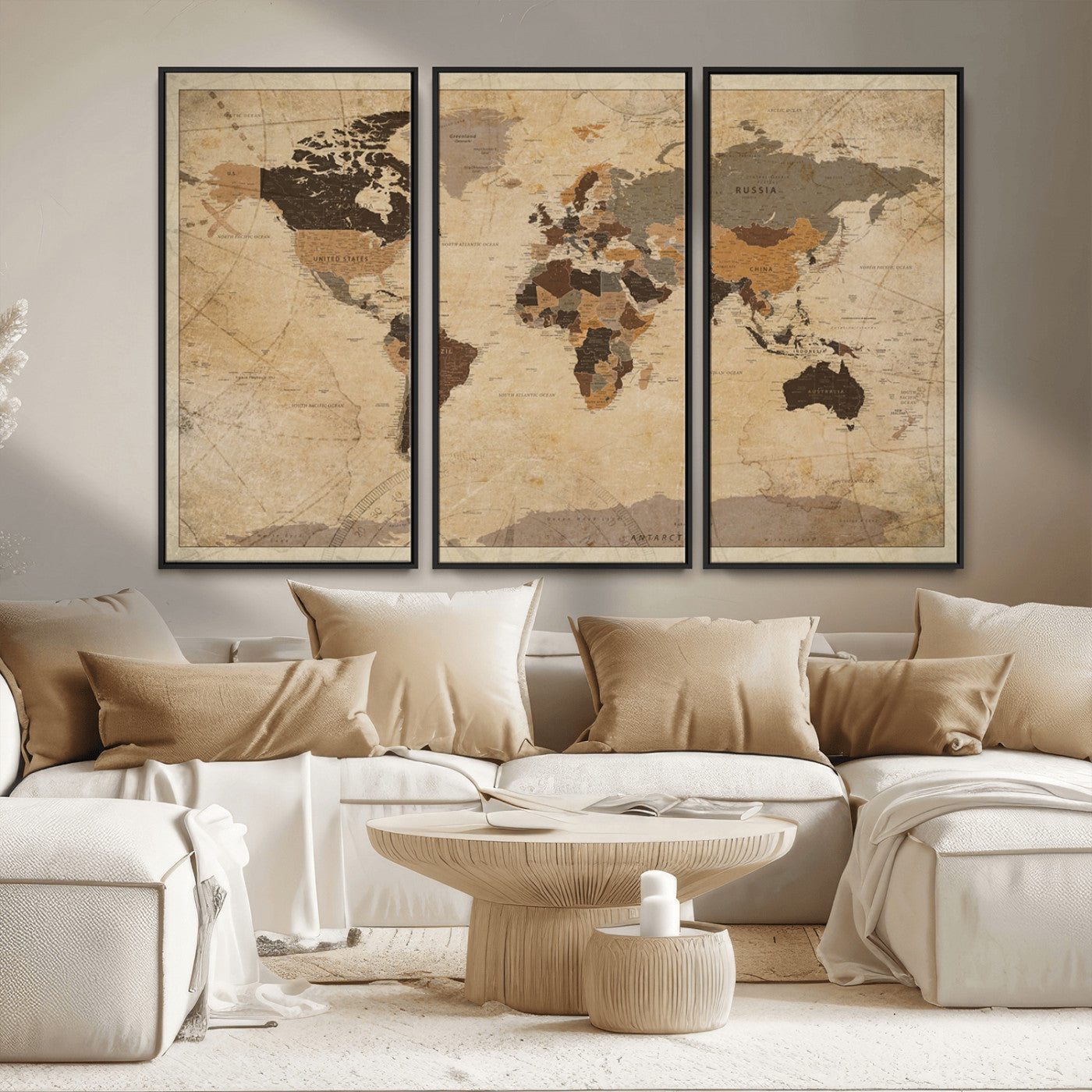 Vintage-style world map with muted brown, beige, and sepia tones, showing countries and continents with a weathered paper texture background.