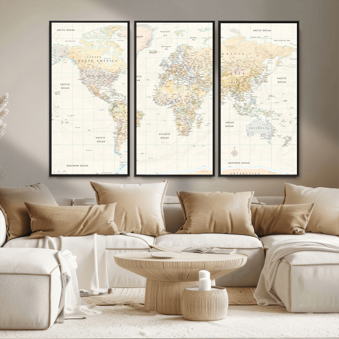 An antique-style world map showing continents, countries, and oceans with soft beige tones, detailed borders, and classic typography, enhanced by a subtle grid overlay and a vintage compass rose.