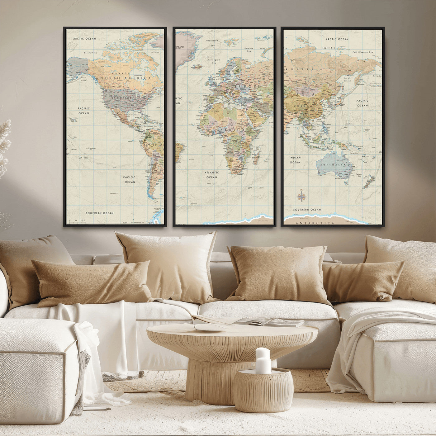 A detailed vintage-style political world map displaying continents, countries, and oceans with clear borders and labels, set on a beige textured background with grid lines.