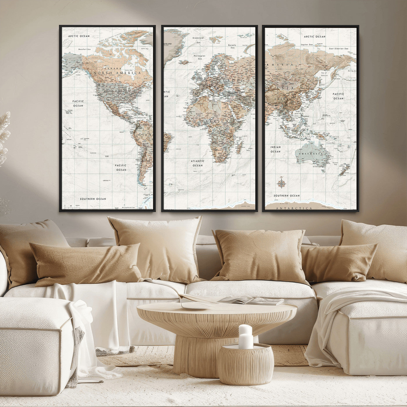 Vintage world map with detailed country borders and labels, featuring soft earthy tones of beige, brown, and gray on a textured parchment background, including oceans, continents, and major cities.