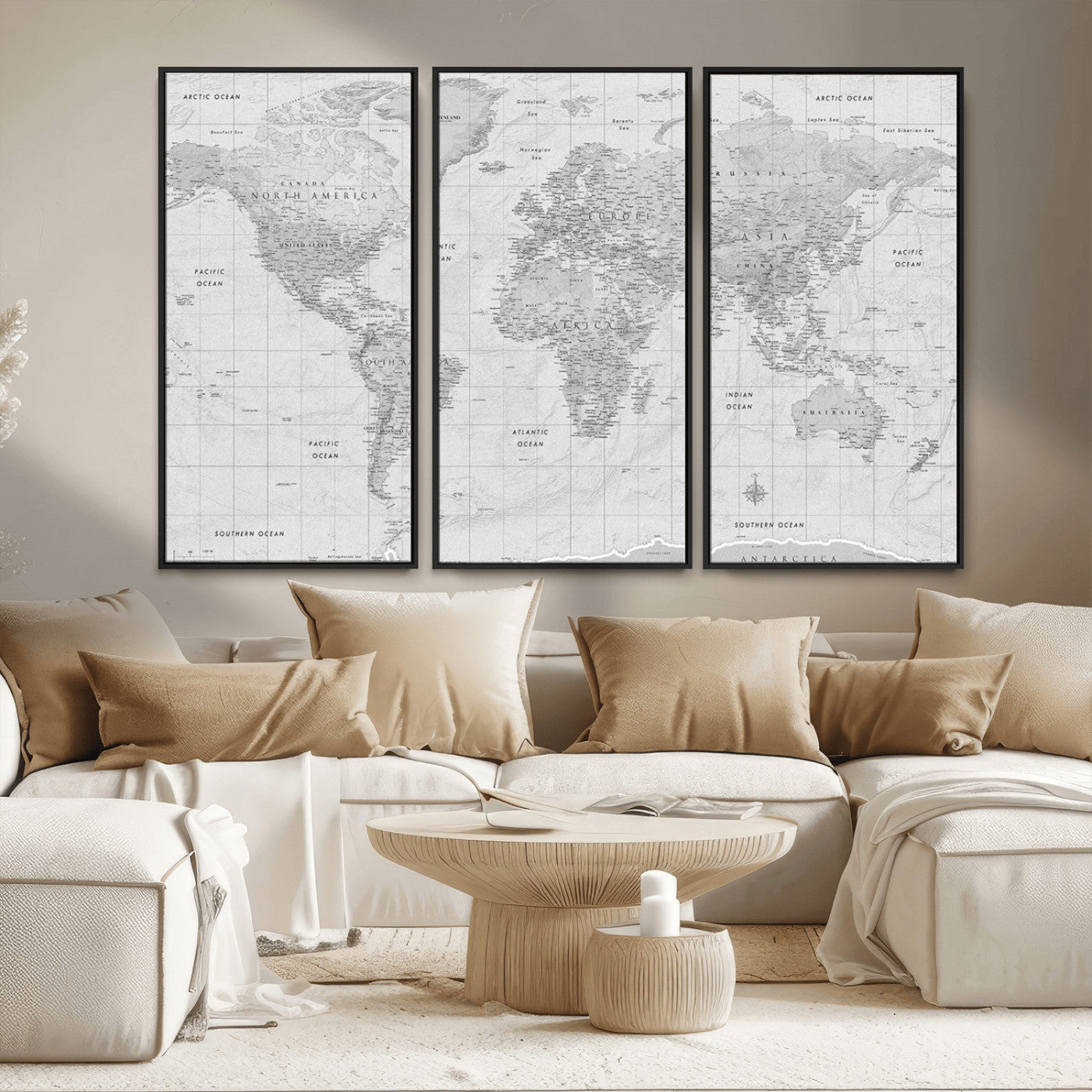 Grayscale vintage world map with detailed country borders, oceans, continents, and major cities on a textured parchment background.