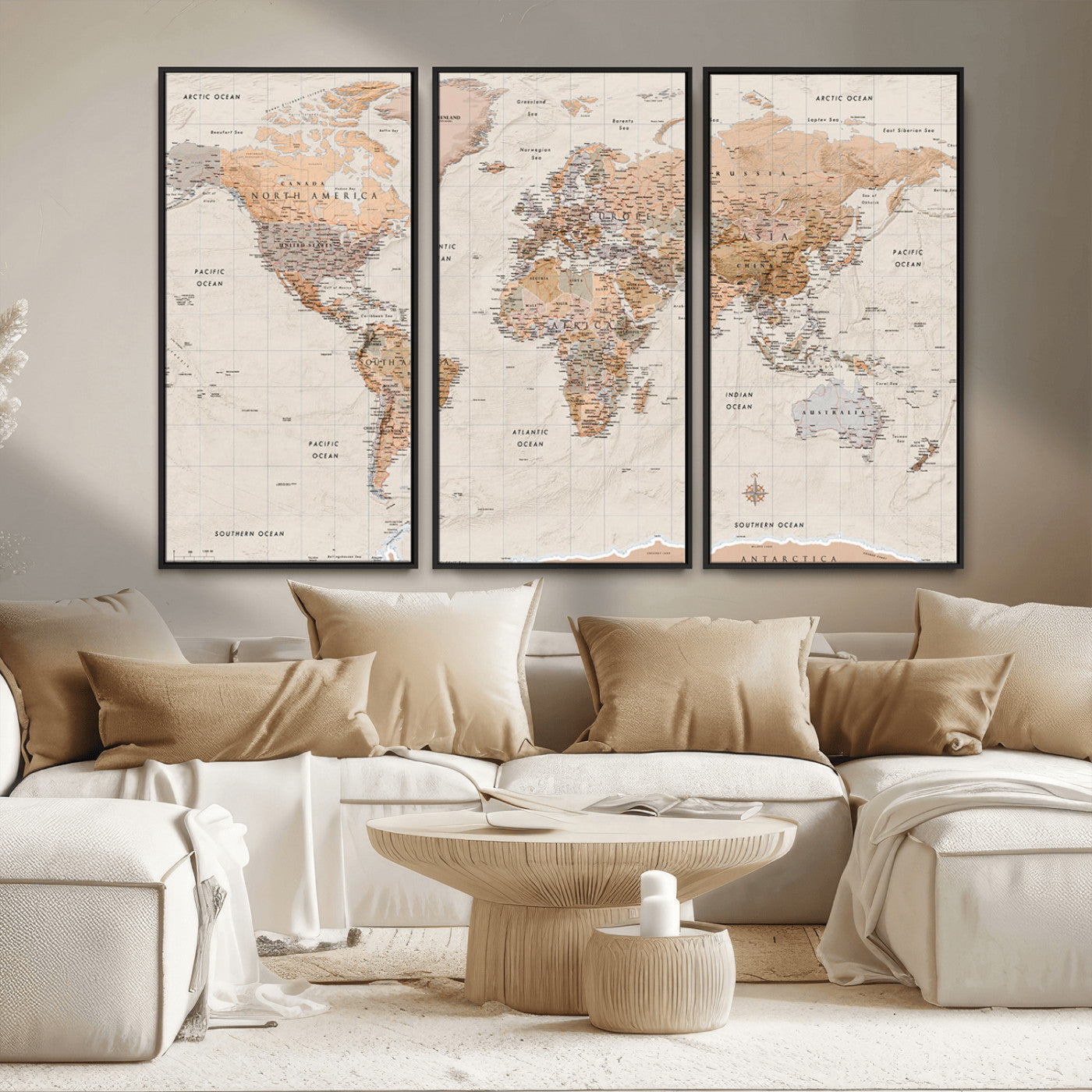 Detailed vintage world map with warm earth tones showing country borders, oceans, continents, and major cities, styled with a textured parchment background.