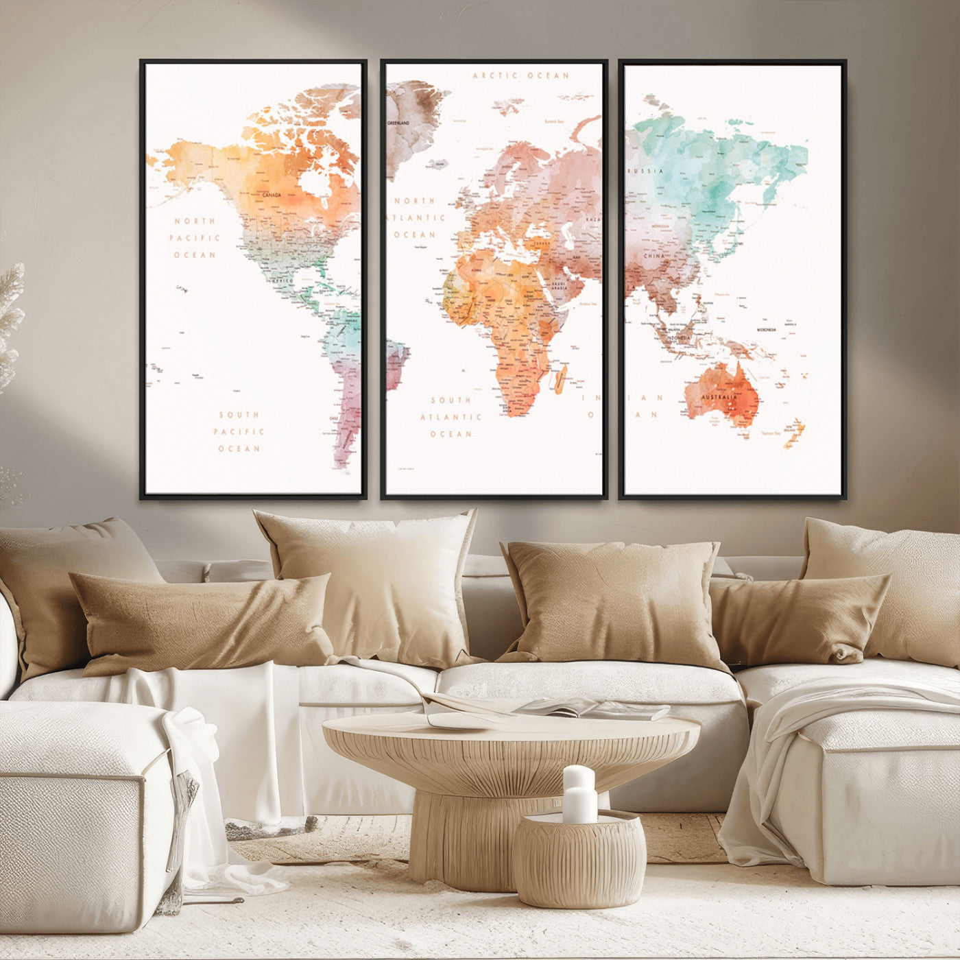 Watercolor world map featuring soft pastel hues in orange, green, blue, and purple on a light background, printed on canvas for vibrant and artistic wall decor.