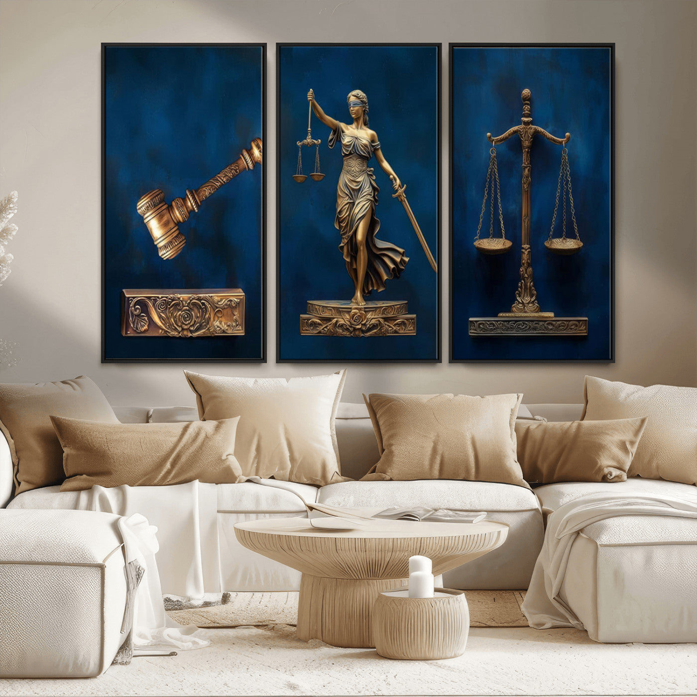 MGV-FC-48X32-3P - Lady Justice Wall Art Canvas Print – Elegant Gold Legal Symbols on Blue Background, Perfect for Law