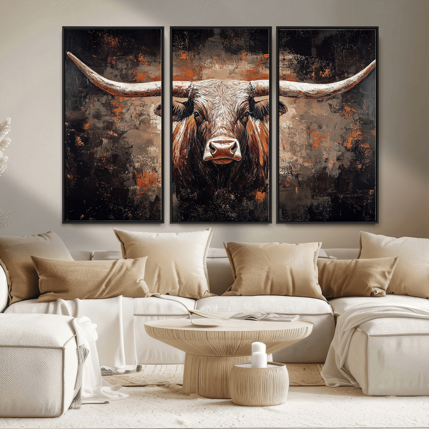 MGV-FC-48X32-3P - Rustic Longhorn Bull Wall Art Canvas Print – Vintage Western Cattle Painting, Texas Steer Artwork Print