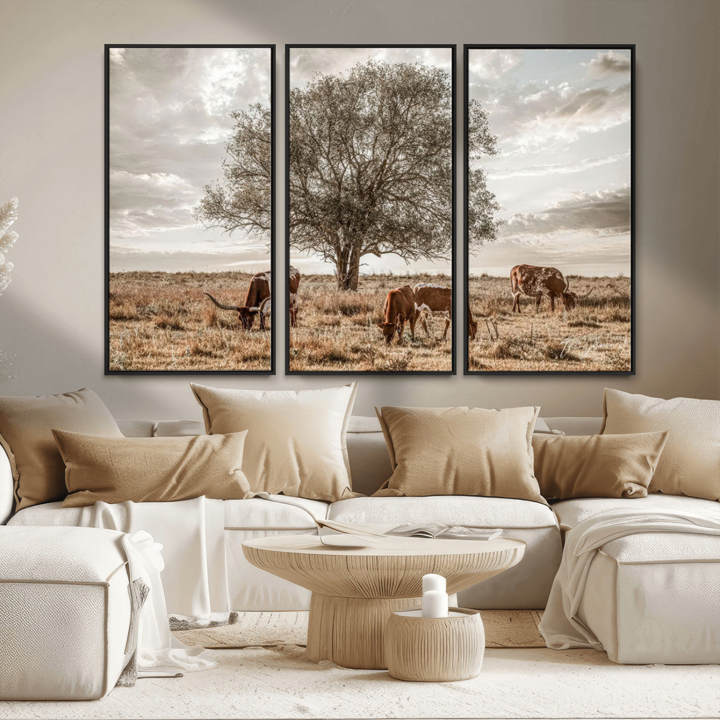 Texas Longhorn Cattle Wall Art Canvas Print – Rustic Western Ranch Scene with Steers at Sunset, Perfect for Farmhouse or Cowboy Decor