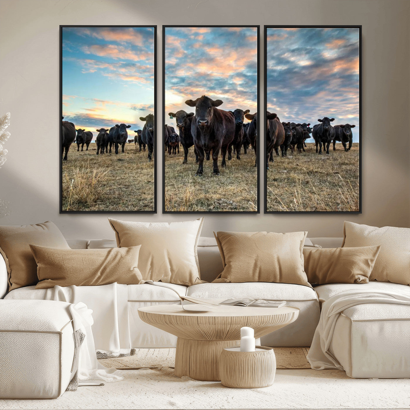 13867292-MGV-CV-36X24-Texas Longhorn Cattle Wall Art Canvas Print – Rustic Western Ranch Scene with Steers at Sunset, Perfect for Farmhouse or Cowboy Decor