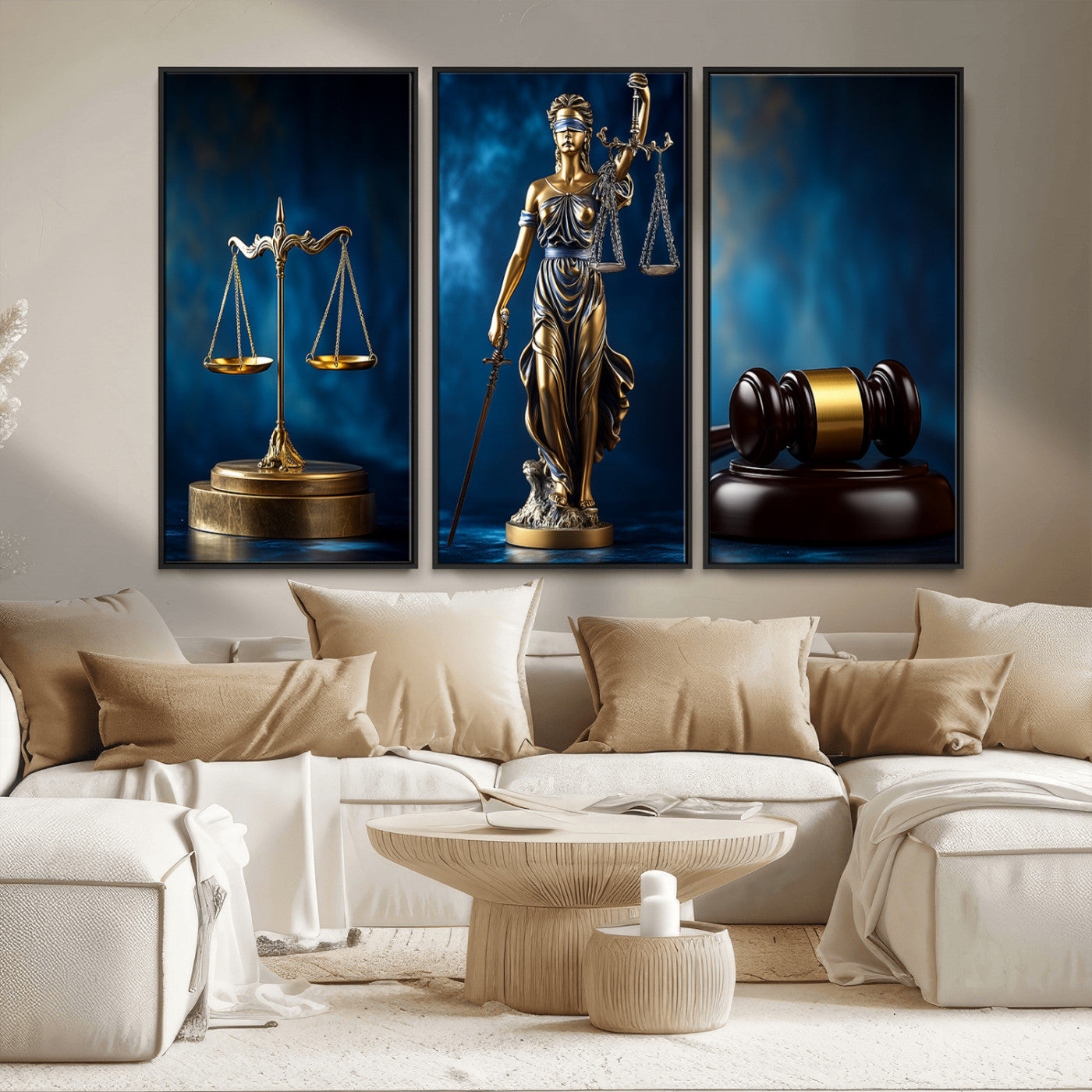 MGV-FC-48X32-3P - Lady Justice Wall Art Canvas Print – Elegant Gold Legal Symbols on Blue Background, Perfect for Law