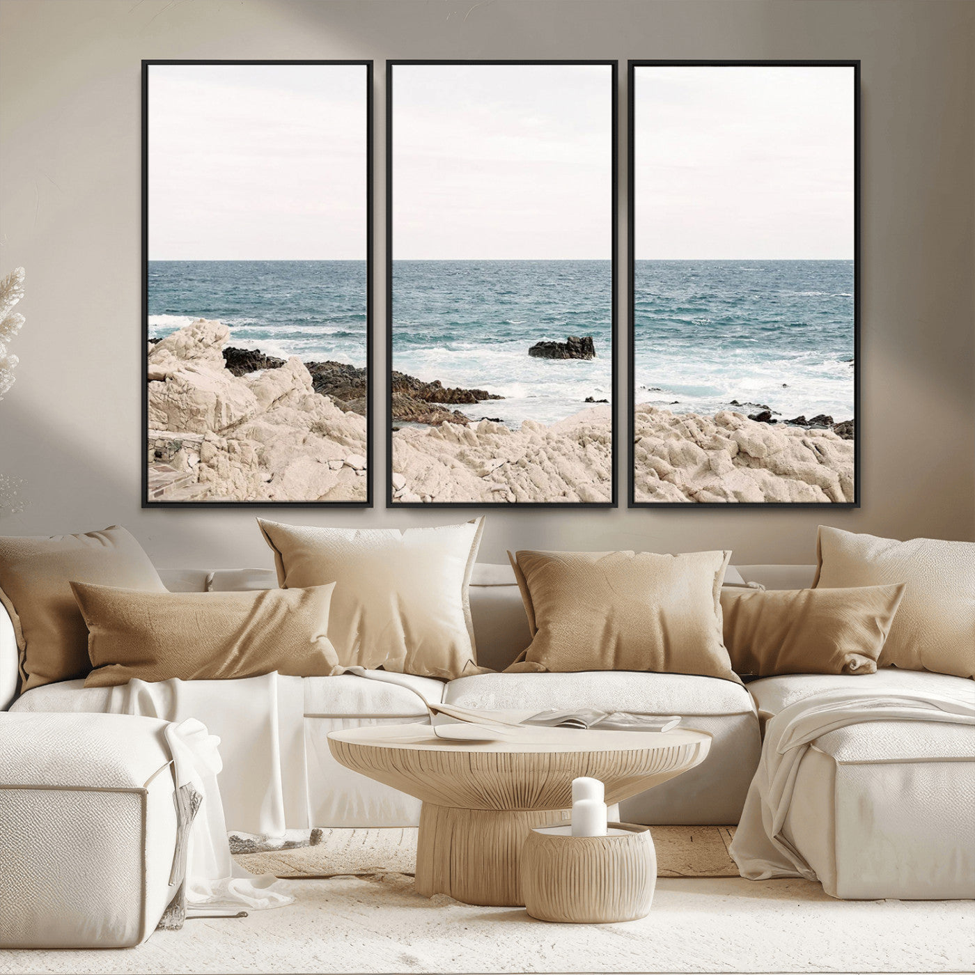 25481980-MGV-CV-36X24-Coastal Ocean View Wall Art Canvas Print – Serene Rocky Shoreline and Blue Sea Photography for Coastal Chic or Minimalist Home Decor