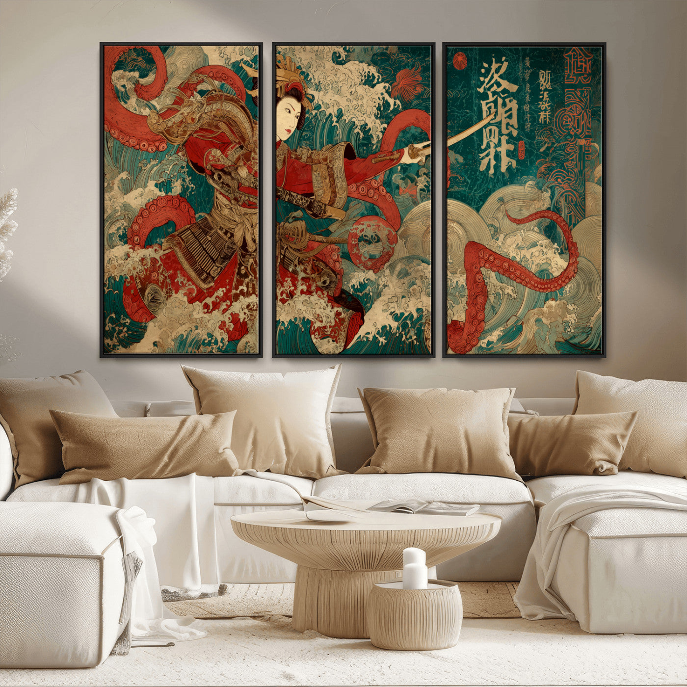 MGV-FC-48X32-3P - Tsukioka Yoshitoshi Samurai Wall Art Print, Japanese Katana Warrior Canvas Wall Art, Octopus Sea Monster Canvas Print,