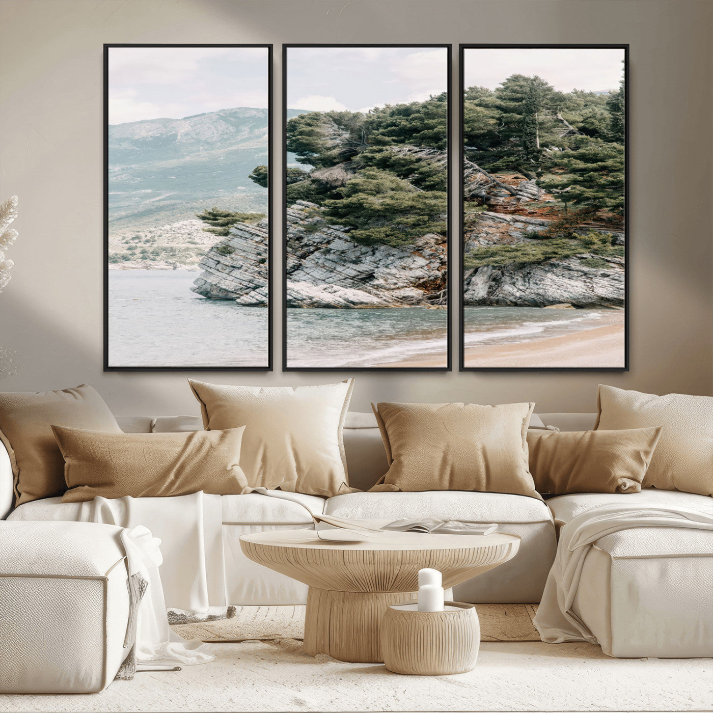 MGV-FC-48X32-3P - Coastal Rock Canvas Wall Art Print, Scenic Beach Landscape, Pine Trees on Rocky Cliff, Large Nature