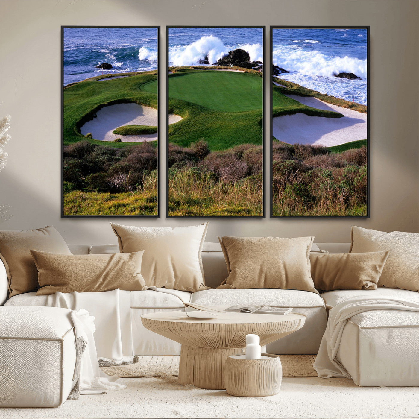 22776914-MGV-CV-36X24-Ocean Cliff Golf Green Canvas Print – Framed Majestic Coastal Scene with Lush Green Artwork for Home, Office