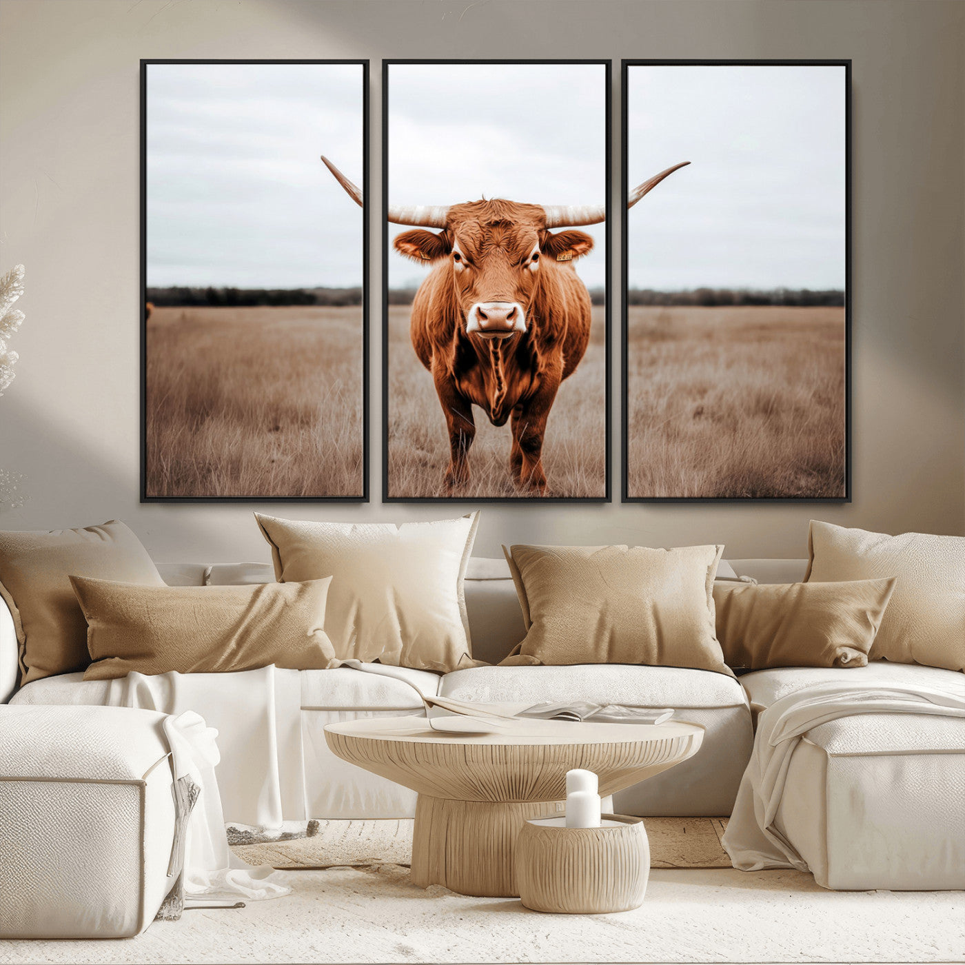 16316734-MGV-FC-48X32-3P - Longhorn bull, open field, rustic charm, natural beauty, Wall Art Canvas Print, countryside,