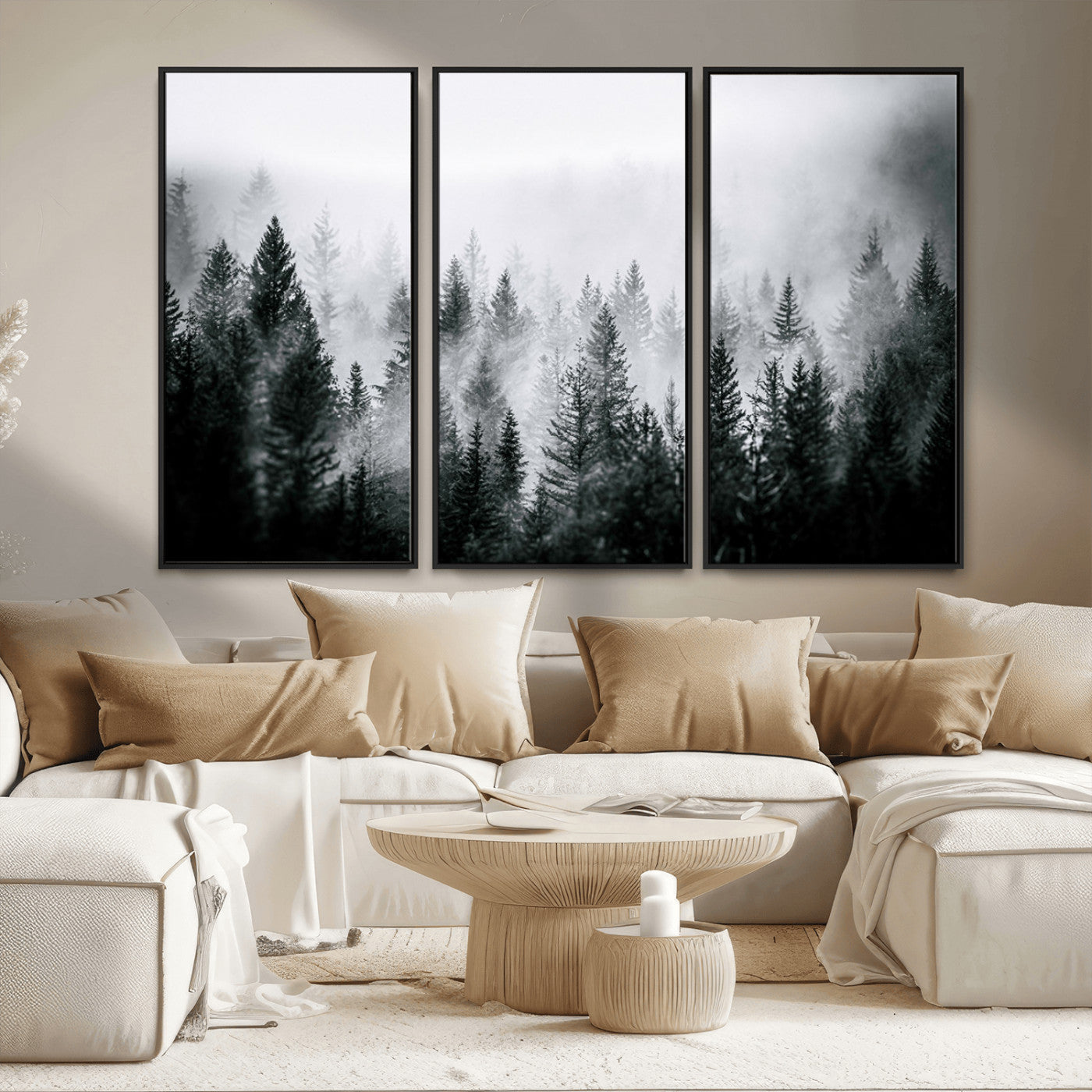 MGV-FC-48X32-3P - Foggy Pine Forest Canvas Wall Art – Black and White Nature Landscape Print, Horizontal Canvas for