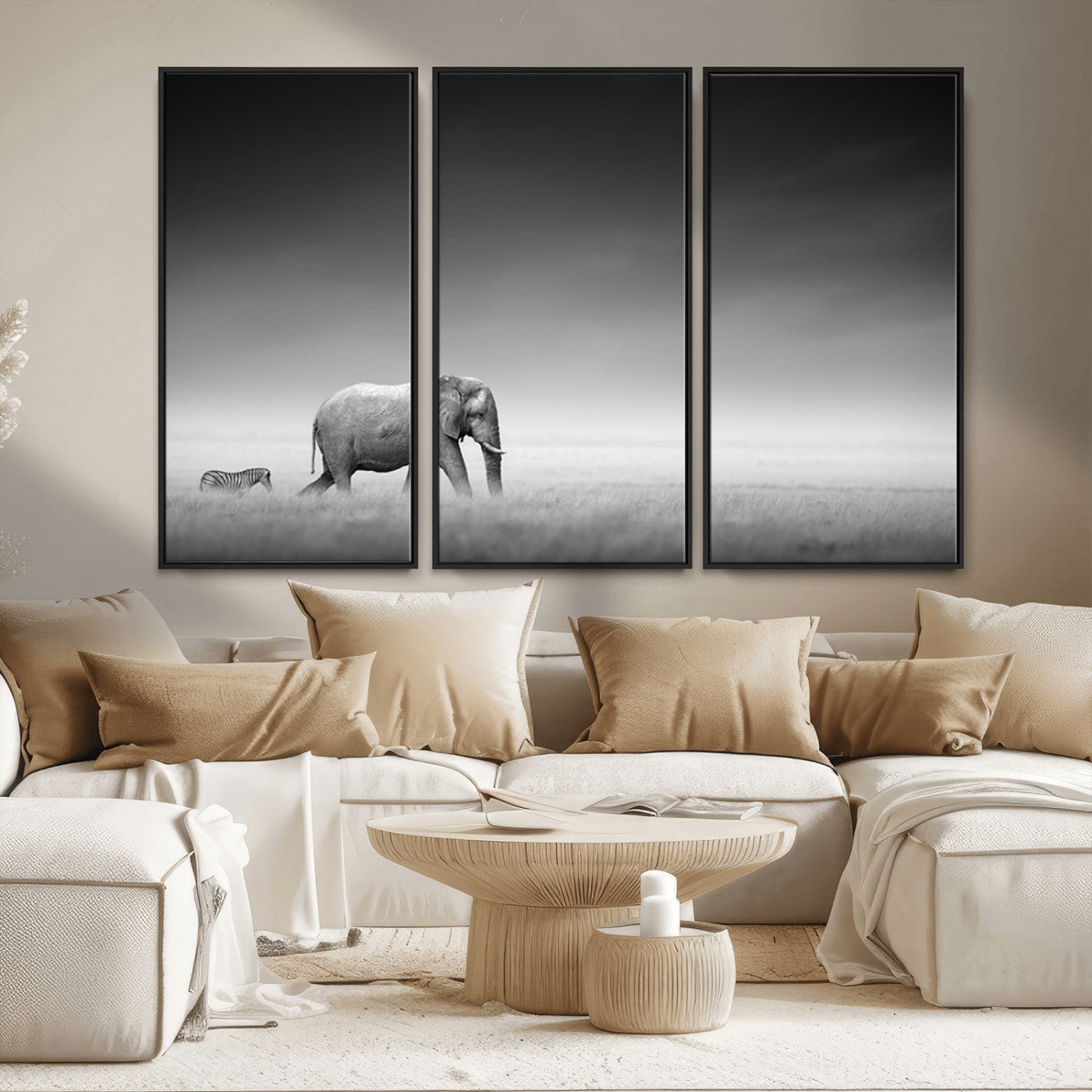 MGV-FC-48X32-3P - Elephand and Zebra Wall Art Canvas Print, Modern Artwork