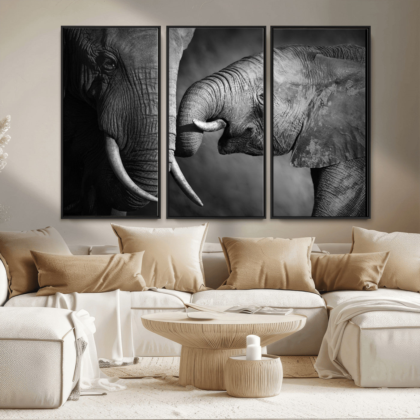 MGV-FC-48X32-3P - Elephant Family Wall Art Canvas, Framed Elephant Family Canvas Print