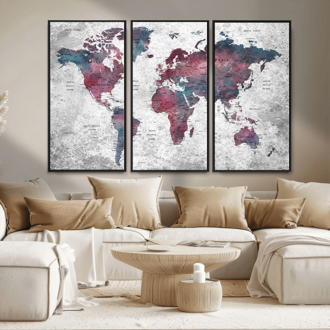 MGV-FC-48X32-3P - World Map Wall Art Canvas Print for Home and Office Decor