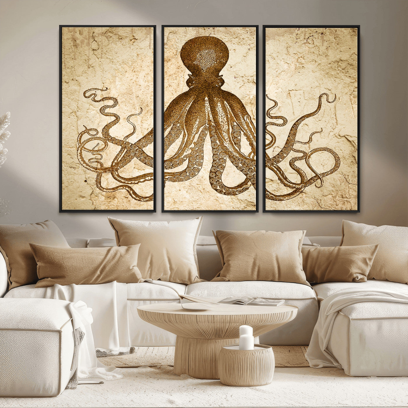 MGV-FC-48X32-3P - Sepia Octopus Wall Art Abstract Animal Canvas Print