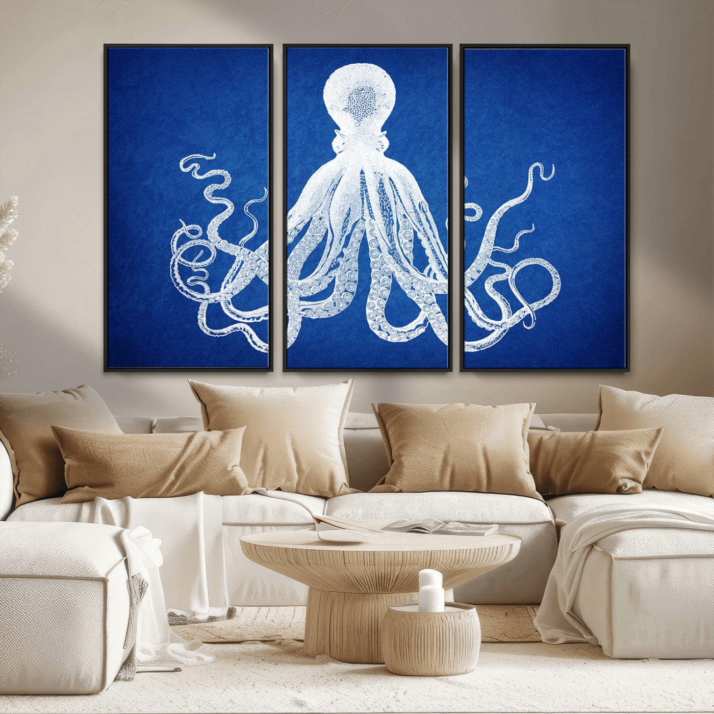 MGV-FC-48X32-3P - Large 3-Panel Blue Octopus Canvas Wall Art | Coastal Marine Life Artwork for Living Room, Bedroom,