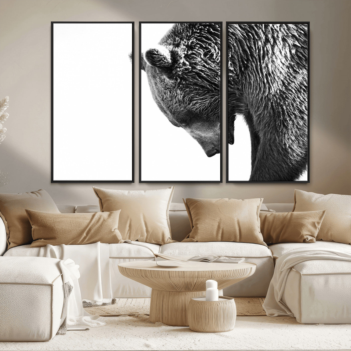 MGV-FC-48X32-3P - Black and White Grizzly 399 Bear Canvas Print Wall Art | Large Wildlife Canvas Print for Living