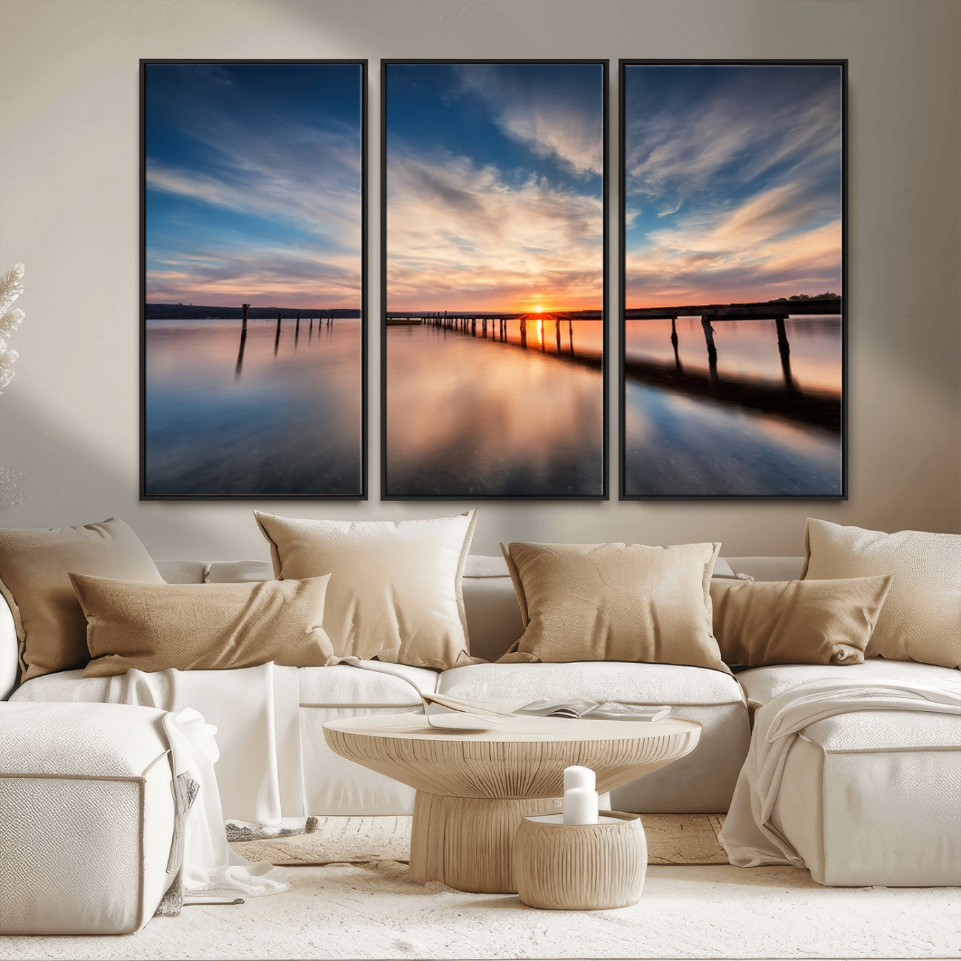 MGV-FC-48X32-3P - Wooden Pier on Seascape and Sunset Wall Art Canvas Print