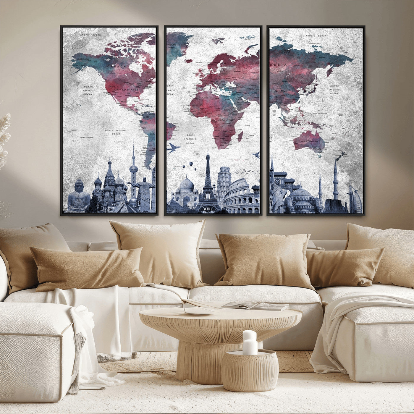 MGV-FC-48X32-3P - Push Pin World Map Canvas Print – Framed Wall Art for Couples to Track Their Travels – Anniversary