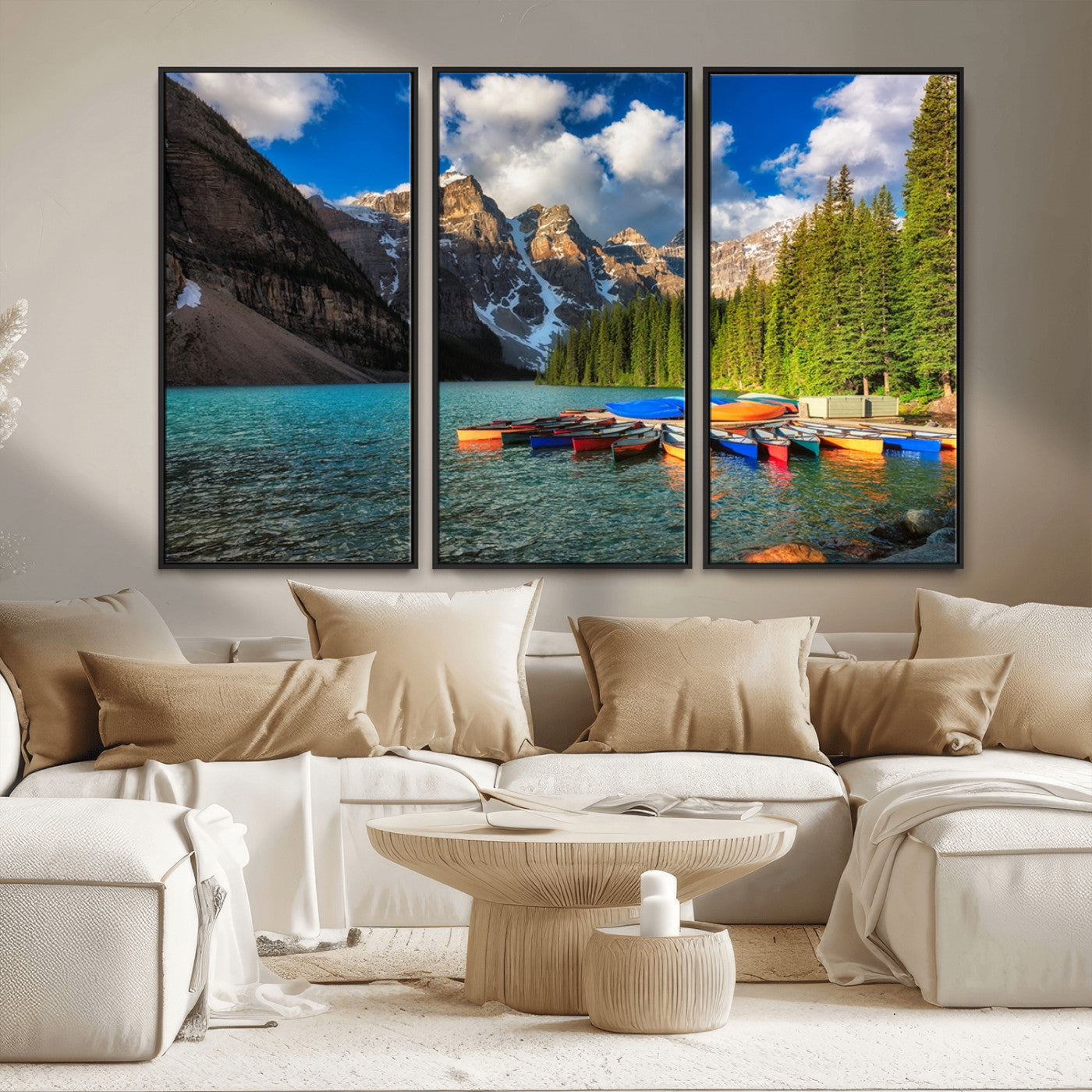 MGV-FC-48X32-3P - Moraine Lake 3-Panel Wall Art, Majestic Mountain and Lake Landscape Canvas Print Canoes on Moraine