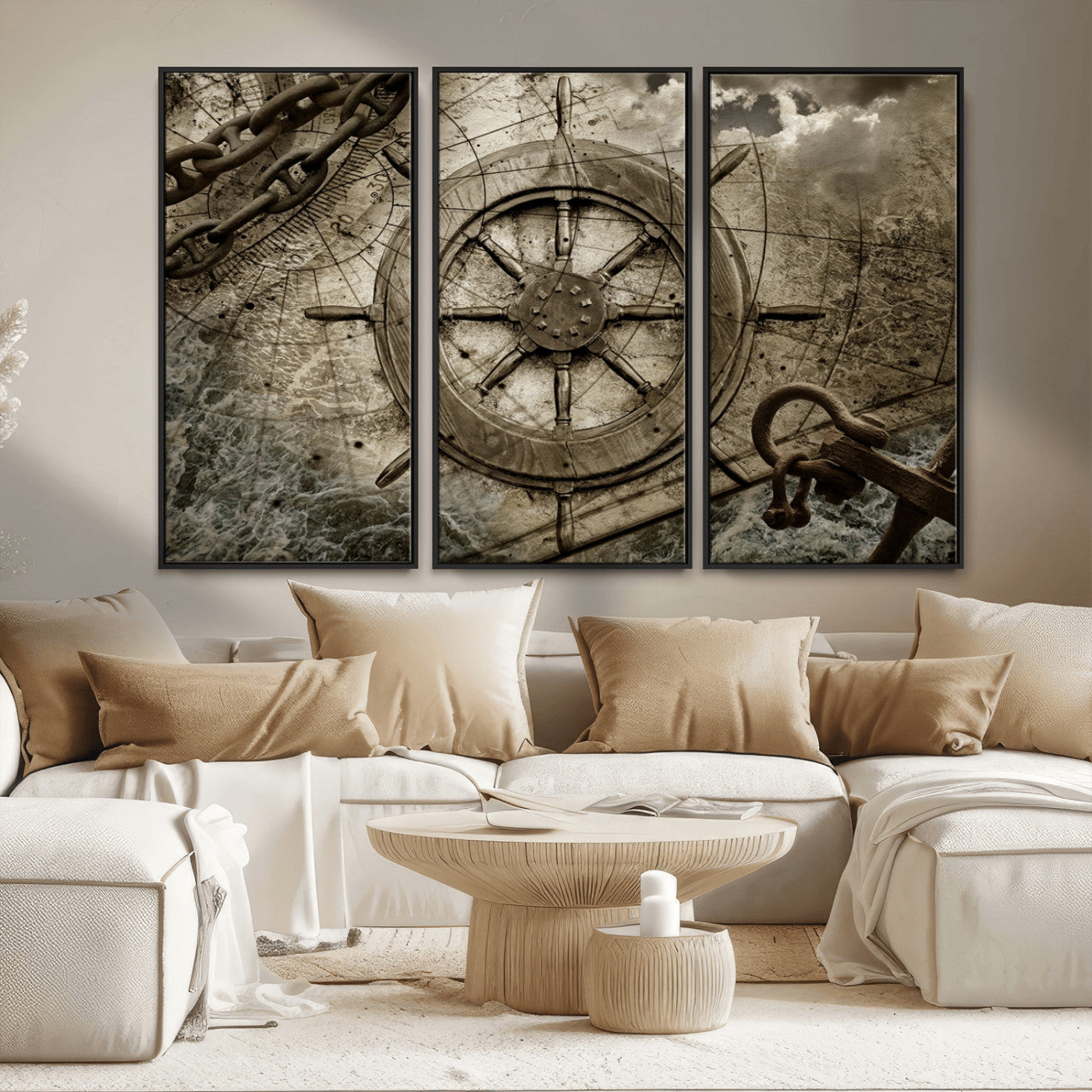MGV-FC-48X32-3P - Wooden Ship Wheel Canvas Print, Multi Panel Canvas Wall Art Print