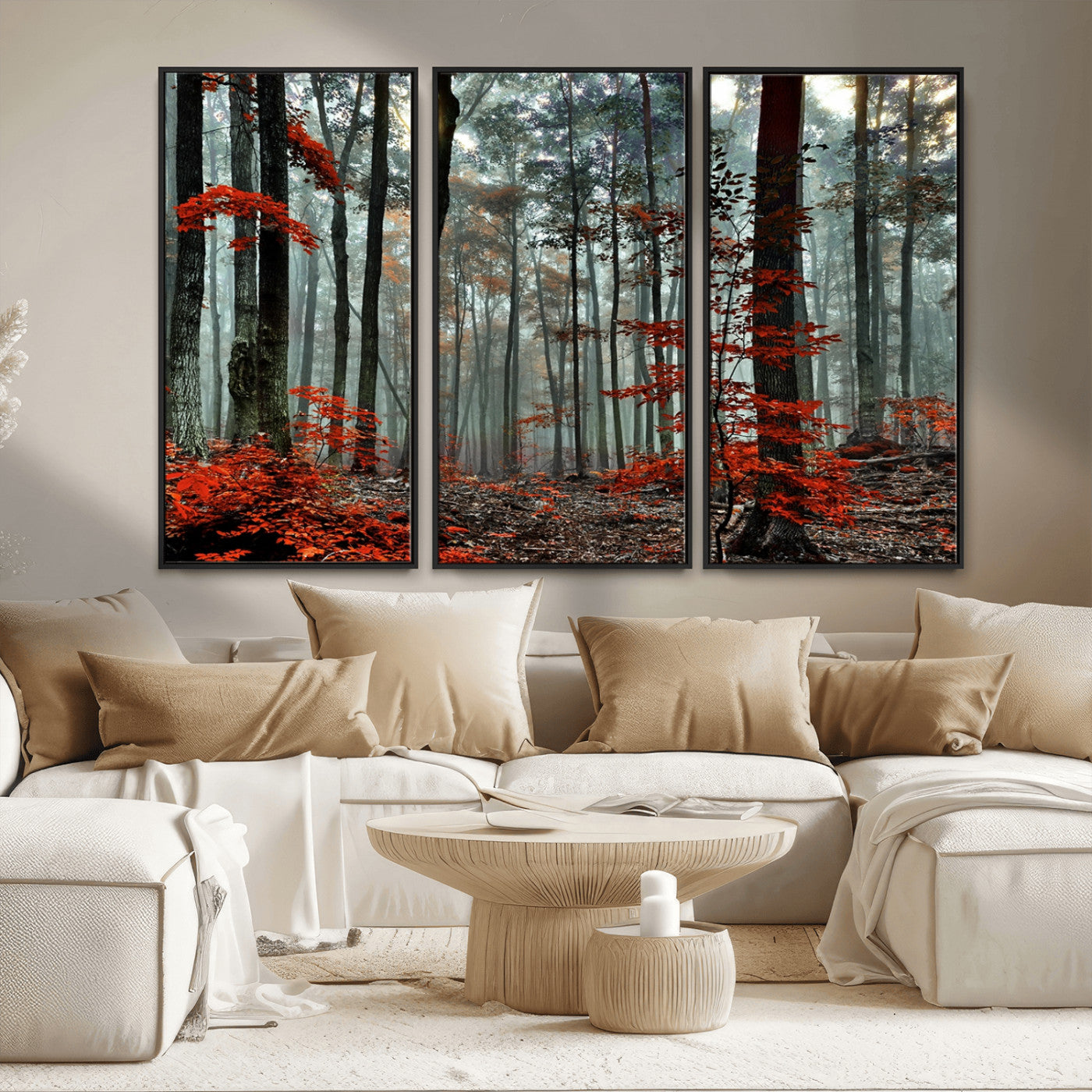 MGV-FC-48X32-3P - Autumn Forest Canvas Wall Art – Enchanting Red Leaves Triptych Print – Nature-Inspired Decor for