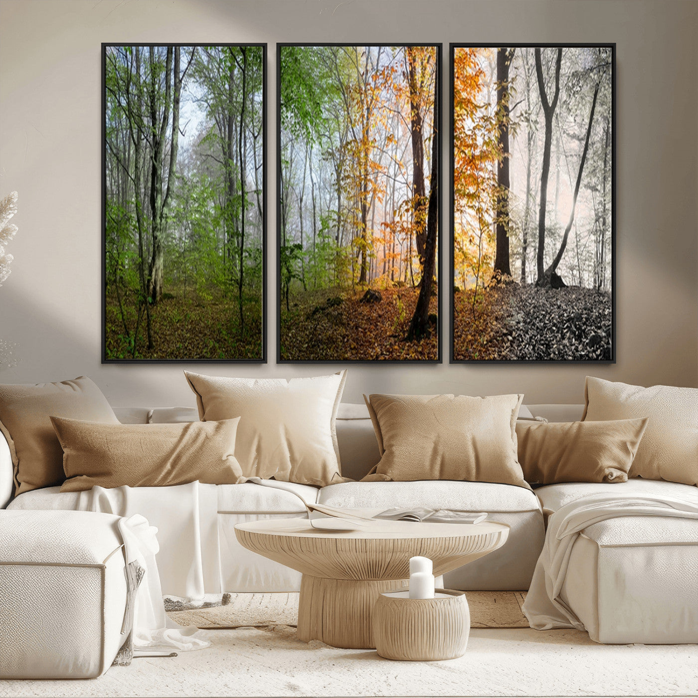 MGV-FC-48X32-3P - Four Seasons Wall Art Forest Canvas Print – Triptych Seasonal Nature Print – Landscape Decor for