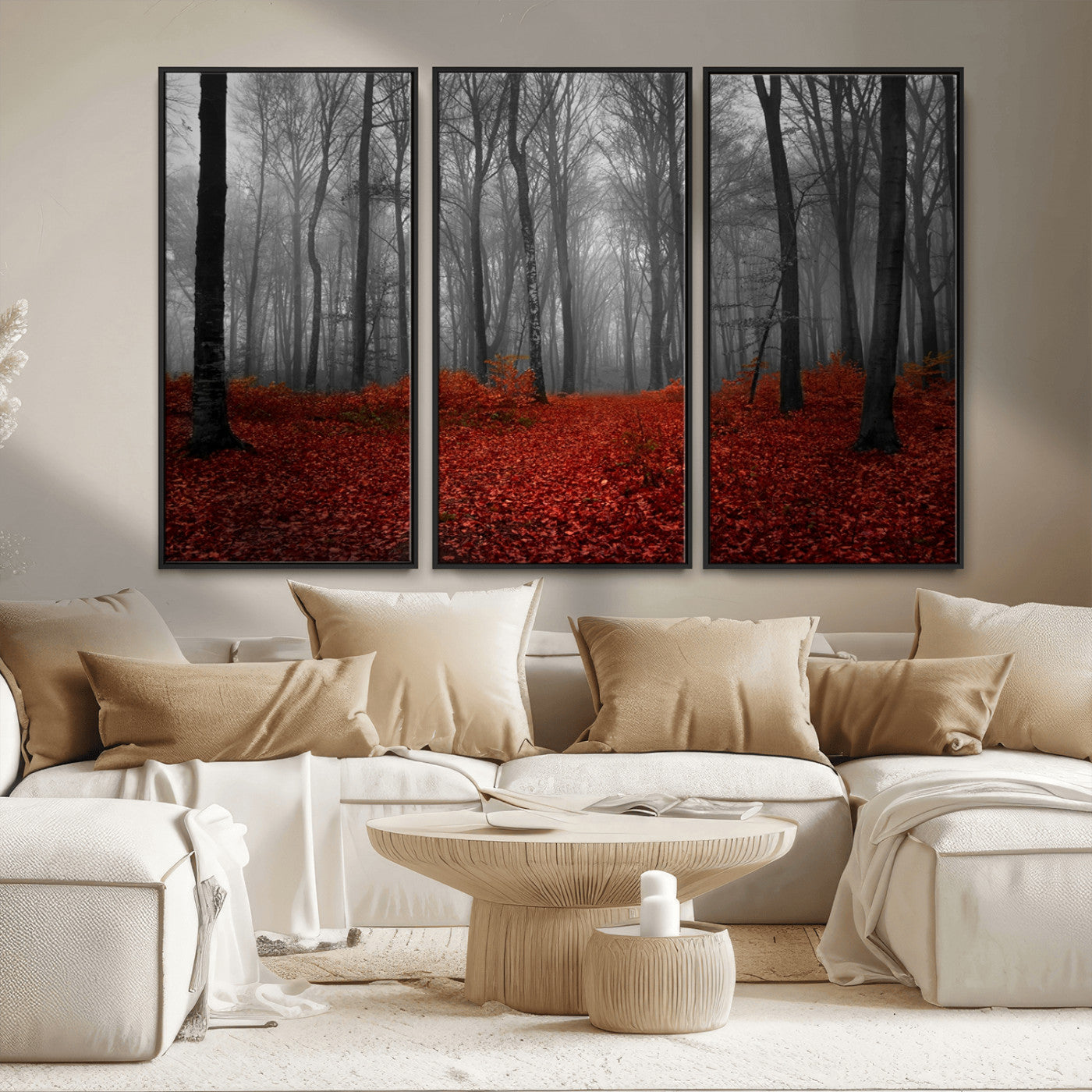 MGV-FC-48X32-3P - Red Forest Floor Canvas Wall Art – Mystical Foggy Woodland Triptych – Nature-Inspired Decor for