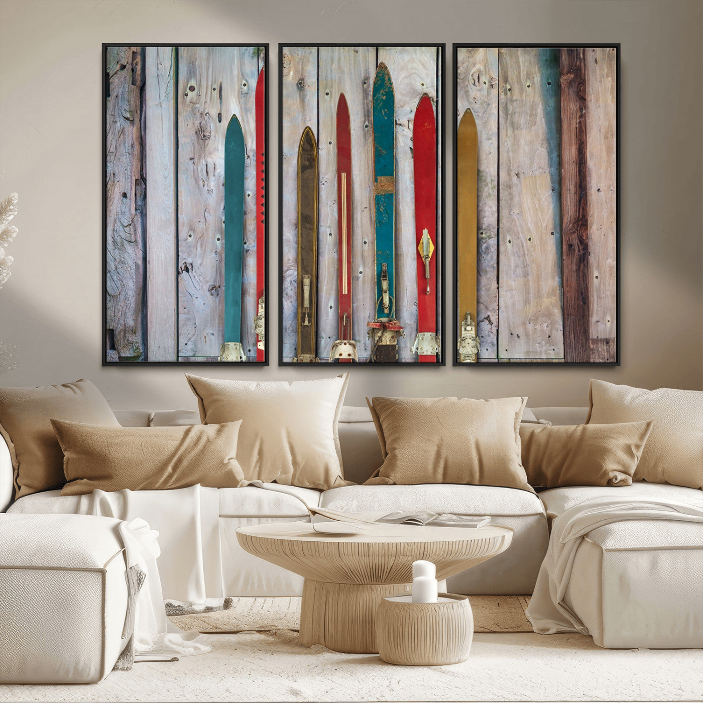 MGV-FC-48X32-3P - Vintage Wooden Weathered Ski's in Front of an Old Barn Wall Art Canvas Print for Farmhouse, Cabin