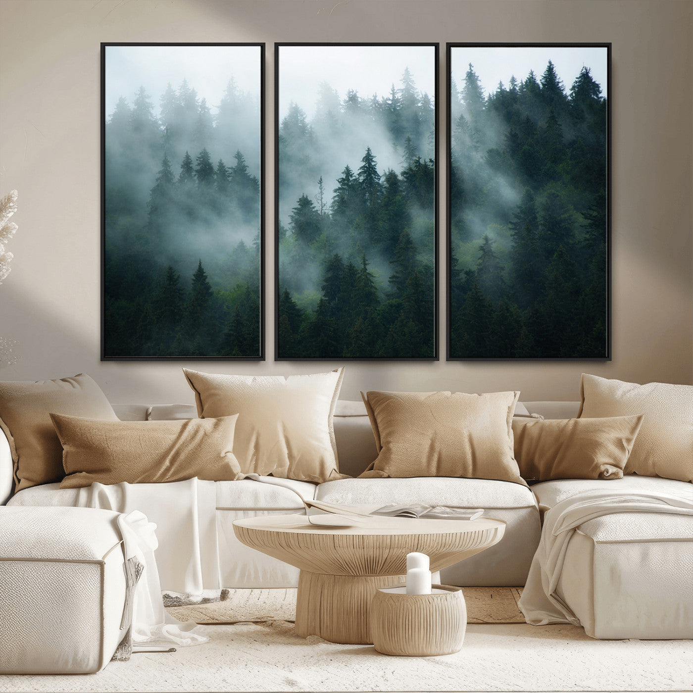MGV-FC-48X32-3P - Foggy Forest 3-Panel Canvas Wall Art | Large Giclée Nature Scene Print for Living Room, Office, or