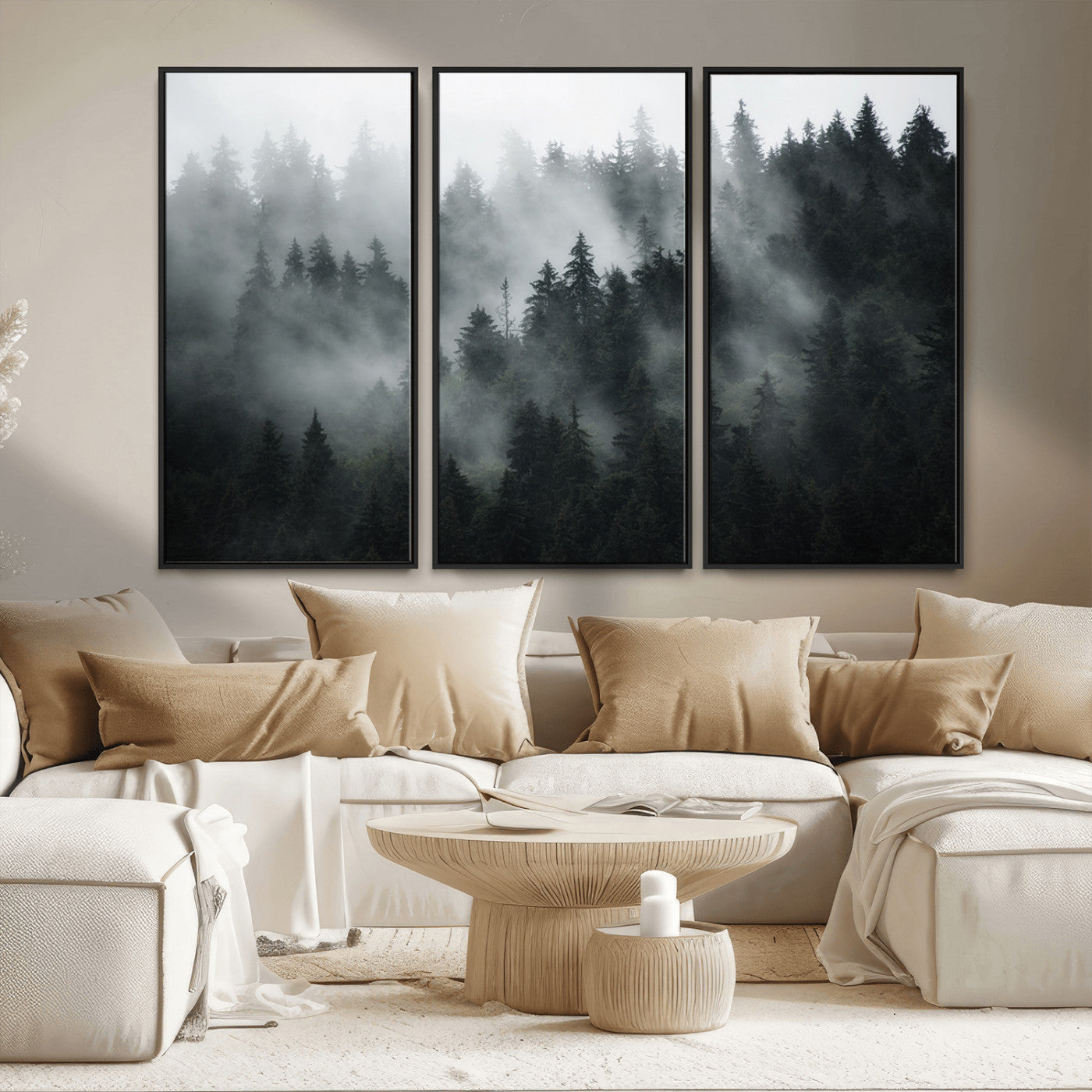 MGV-FC-48X32-3P - Foggy Forest Wall Art Canvas Print | 3 Panel Large Misty Landscape for Dining Room, Office, or