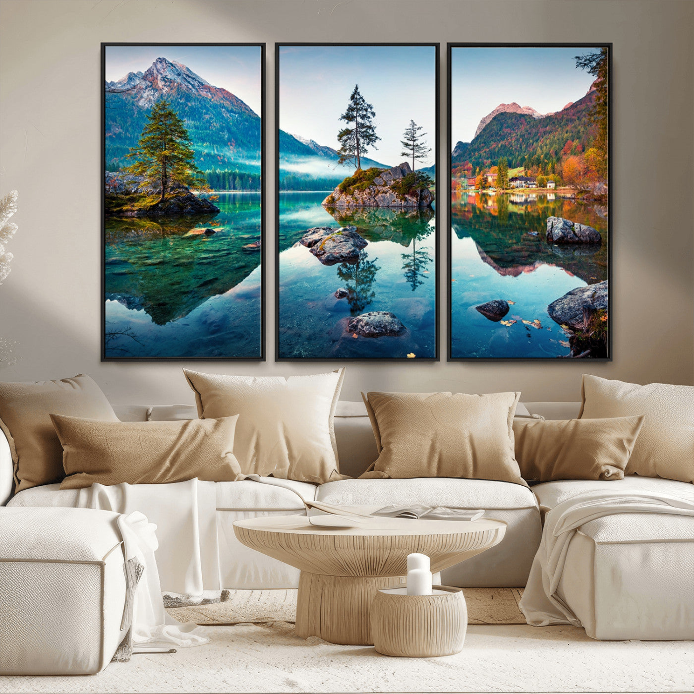 55009-MGV-FC-48X32-3P_Black-Crystal Clear Lake Wall Art | Mountains Wall Art Canvas | 3 Panel Large Landscape Print for Dining