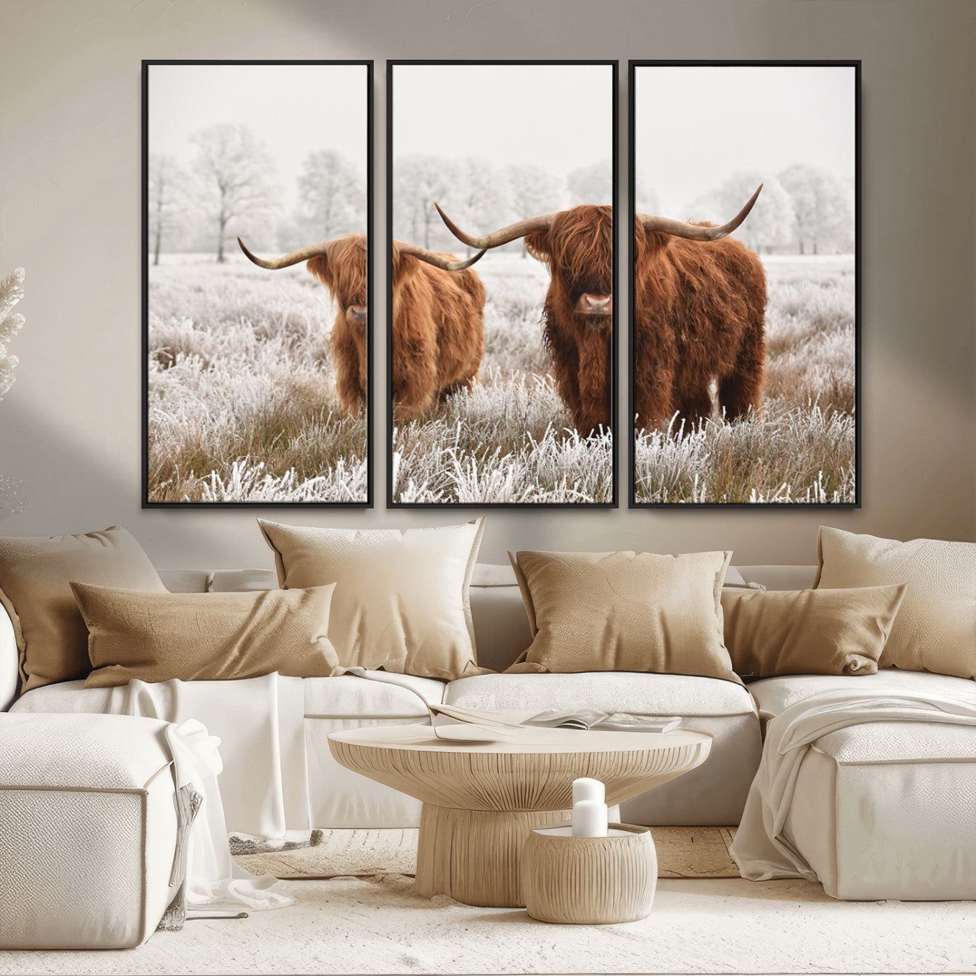 MGV-FC-48X32-3P - Longhorn Cattle Wall Art Canvas Print, Framed Farmhouse Style Art Picture Print, Rustic Cow Perfect Rustic Farmhouse Decor Artwork