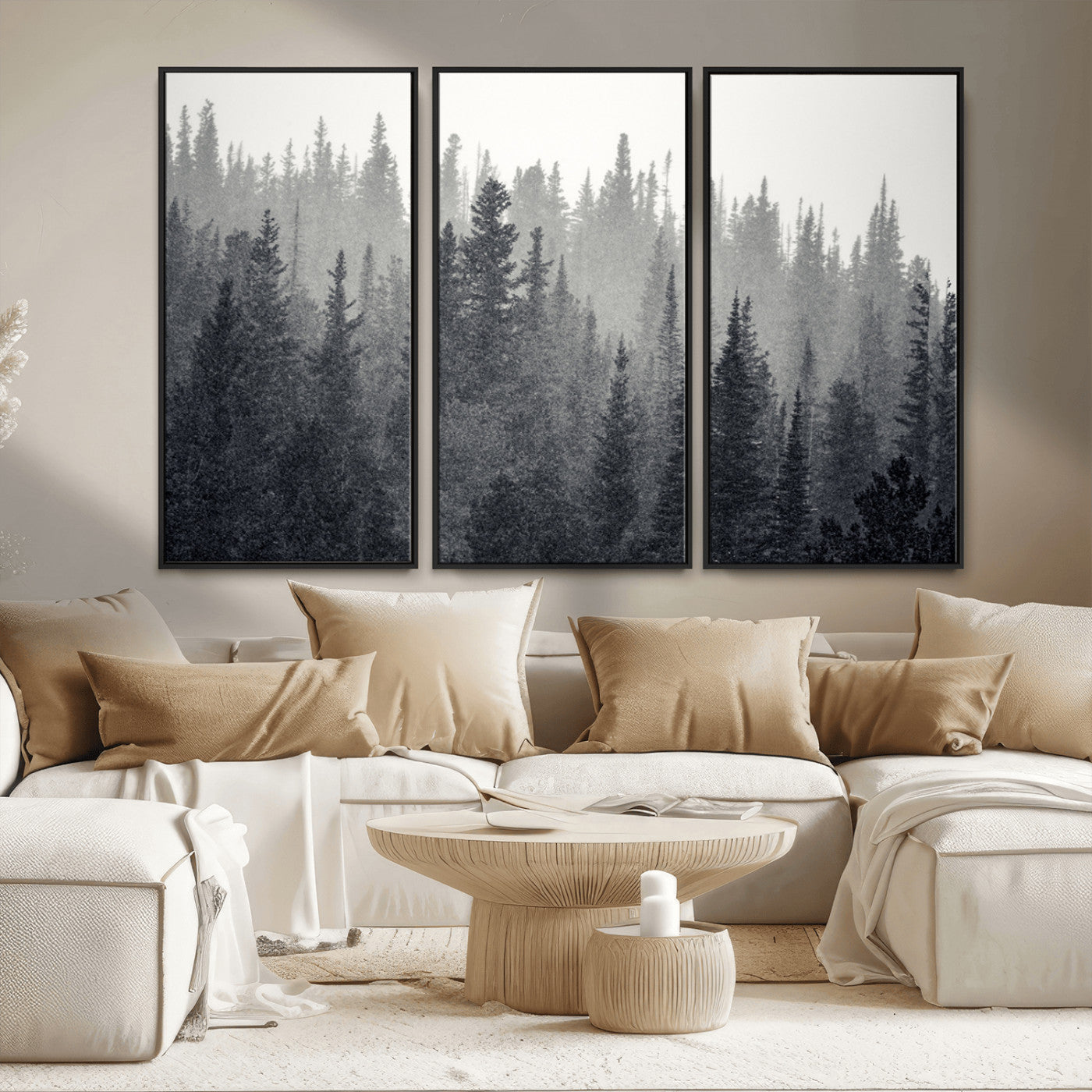 MGV-FC-48X32-3P - Misty Forest Canvas Wall Art – Monochrome Triptych Pine Tree Print – Nature-Inspired Home Decor –