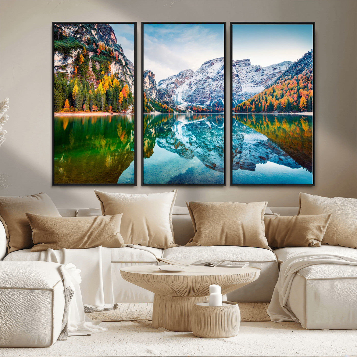 MGV-FC-48X32-3P - Spectacular autumn view of Braies Lake Wall Art Canvas Print