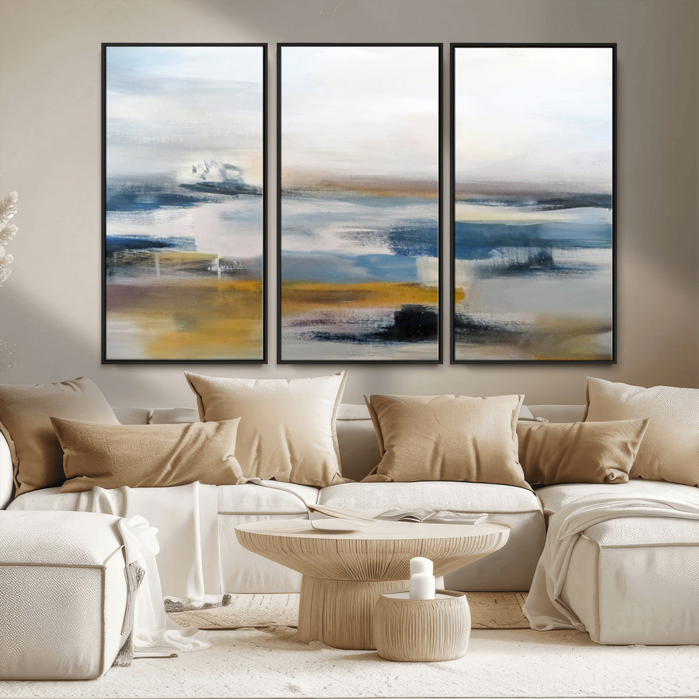 MGV-FC-48X32-3P - Abstract Landscape Wall Art Canvas | 3 Panel Modern Blue, Gold, and White Canvas Art for Living