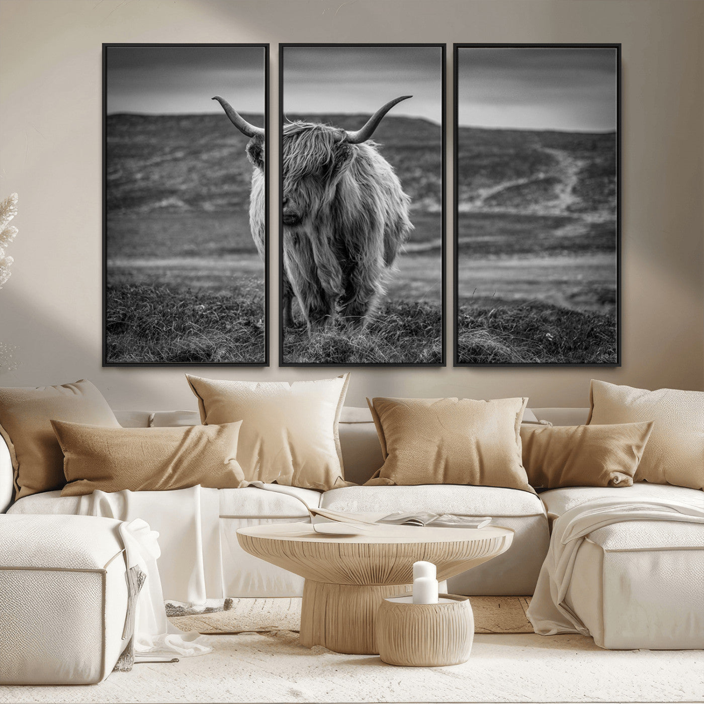 MGV-FC-48X32-3P - Fluffy Cattle Wall Art Print, Highland Cow Canvas, Framed Black and white Wall Art
