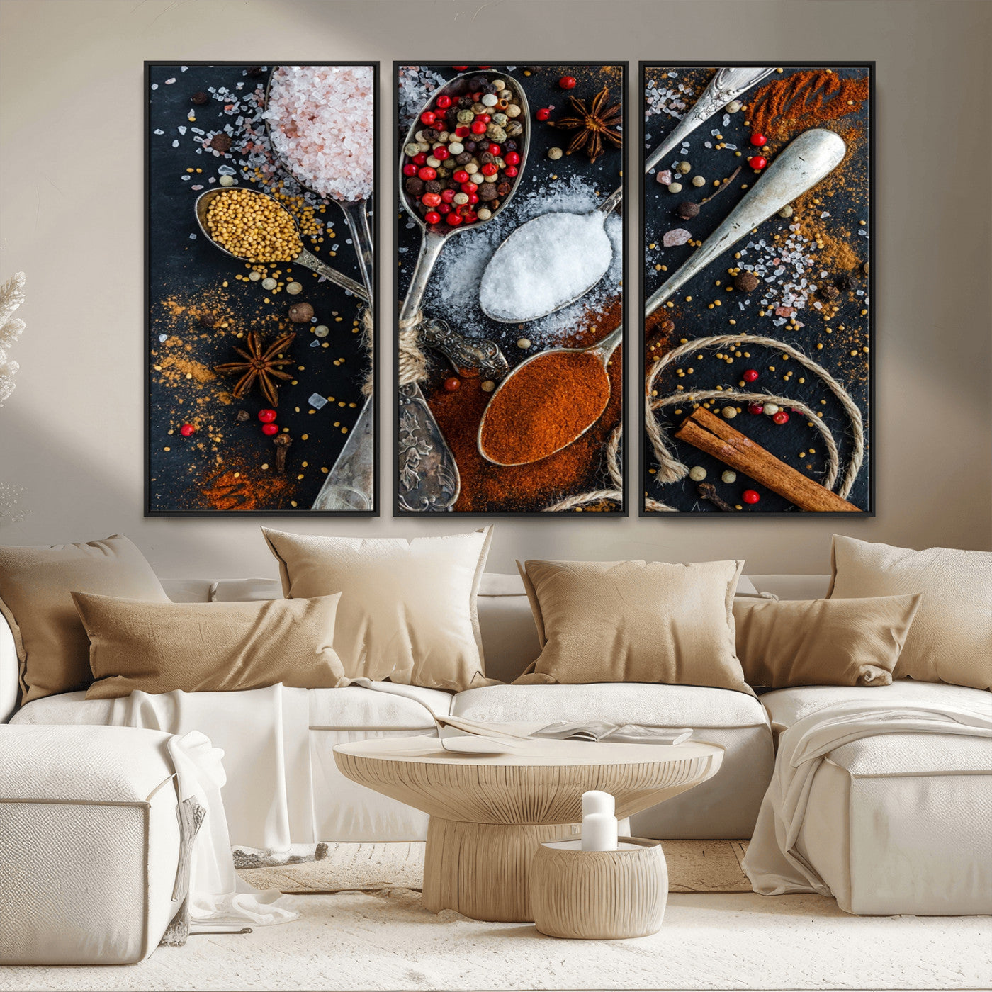 MGV-FC-48X32-3P - Spices and Seasonings Canvas Wall Art – Colorful Triptych Kitchen Decor – Culinary Art for Dining