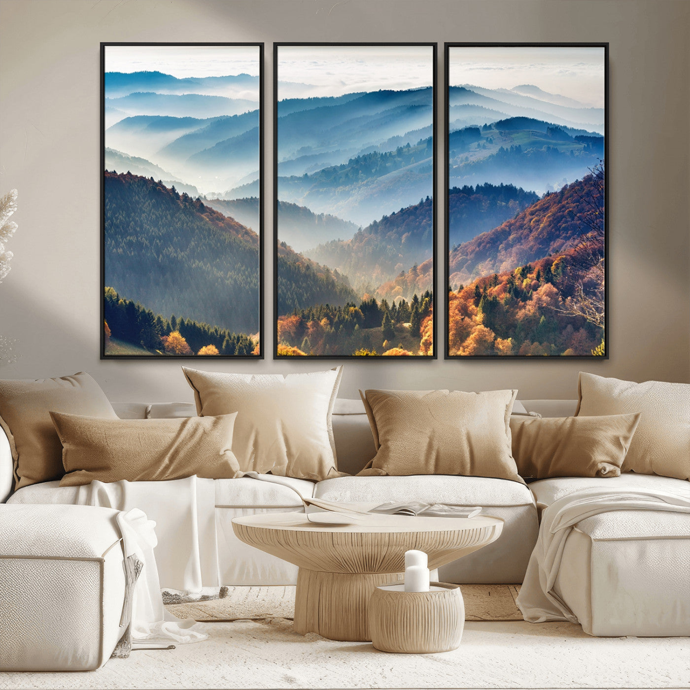 MGV-FC-48X32-3P - Misty Mountain Sunrise Triptych Canvas Print – Autumn Landscape Wall Art – Scenic Nature Decor –