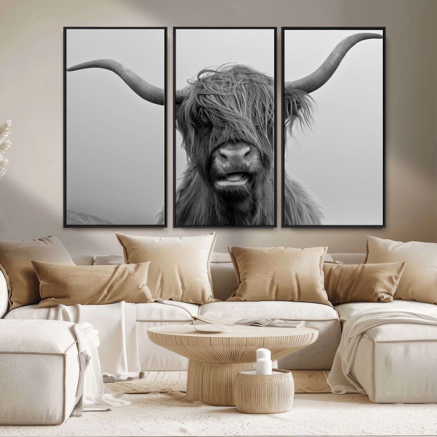 MGV-FC-48X32-3P - Texas Cow Wall Art Canvas, Texas Longhorn Cattle Canvas Print