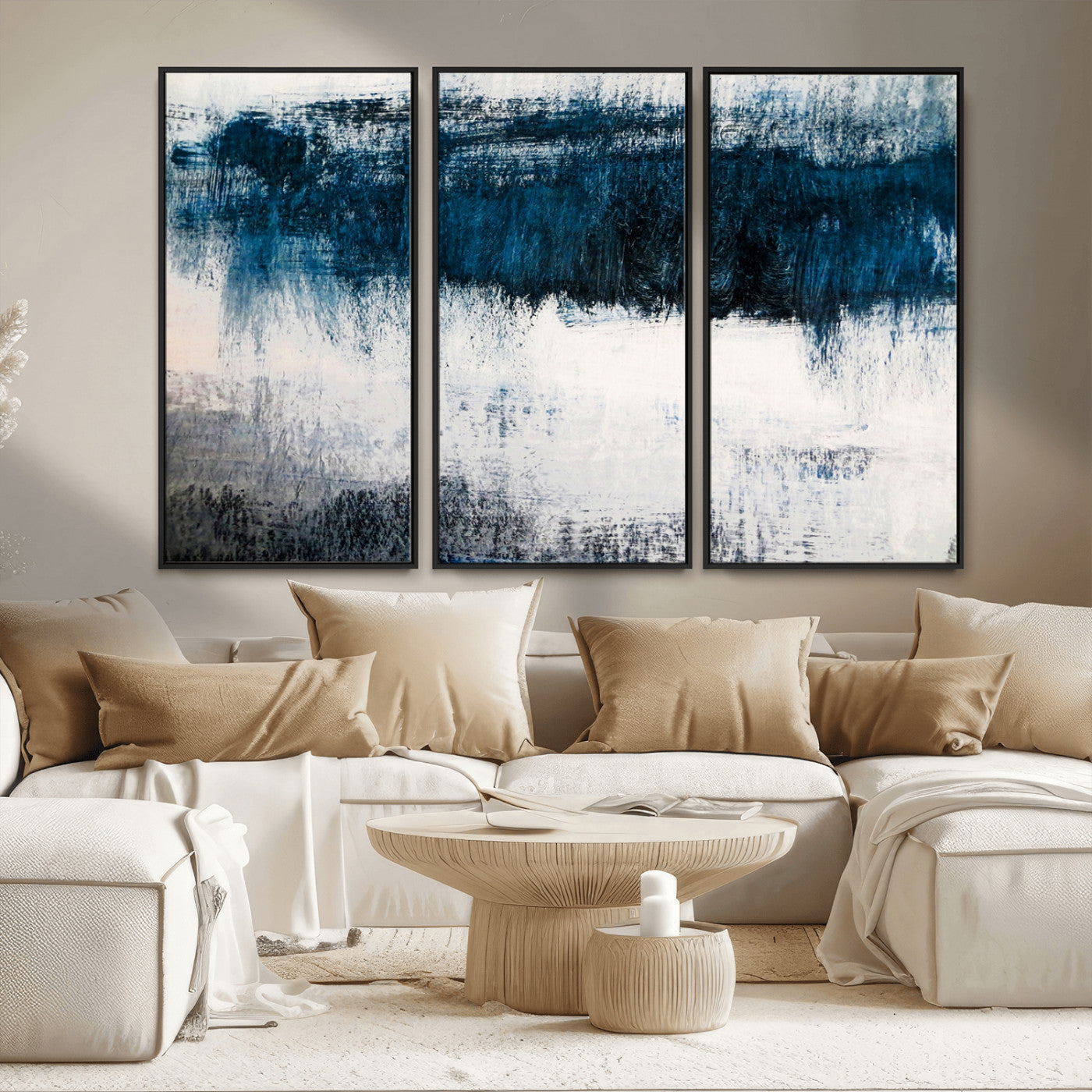 MGV-FC-48X32-3P - Abstract Blue and White Canvas Art | Large Wall Art for Modern Living Room Decor | Minimalist